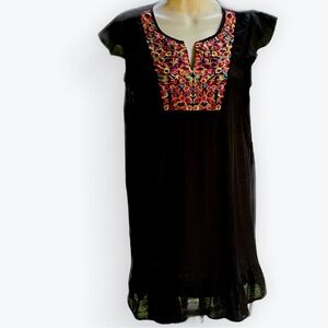 Boho Embroidered Bodice Lightweight Flowy Black Ruffled Peasant Shift Dress ~ L